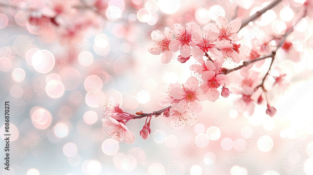 A cherry tree branch with a basket of light behind it and a blurred light in front A cherry tree branch with a basket of light behind it and a blurred light in front