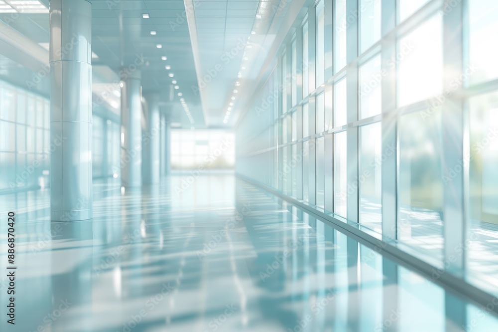 Modern Office Hallway with Bright Windows Modern Office Hallway with Bright Windows