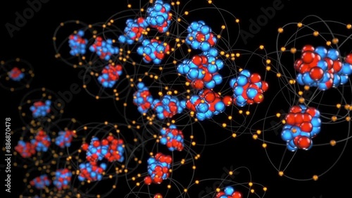 Atomic model 3d animation loop Bohr atom with electrons orbiting the nucleus particles, can represent power, radioactivity, or microscopic scale