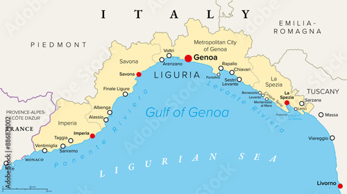 Liguria and the Italian Riviera, the Ligurian Riviera, political map. Region of north-western Italy, with capital Genoa. A narrow coastal strip between Ventimiglia and La Spezia, on the Ligurian Sea.