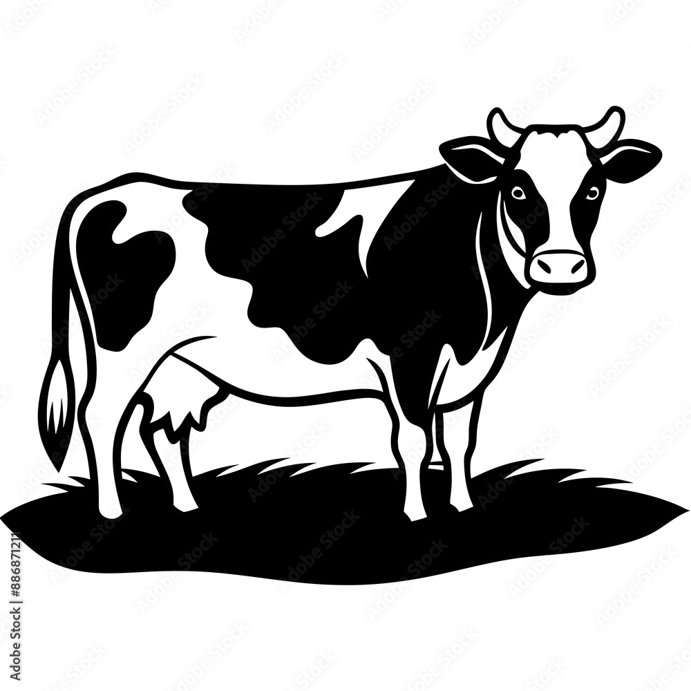A cow standing in a green field vector silhouette A cow standing in a green field vector silhouette