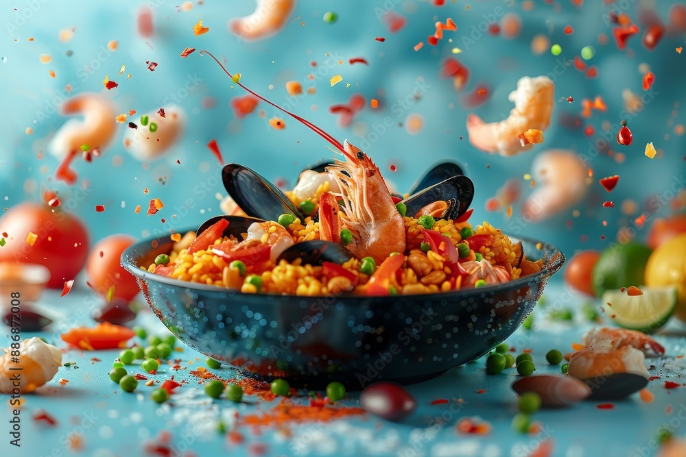 Paella with seafood and rice flying in a colorful display Paella with seafood and rice flying in a colorful display