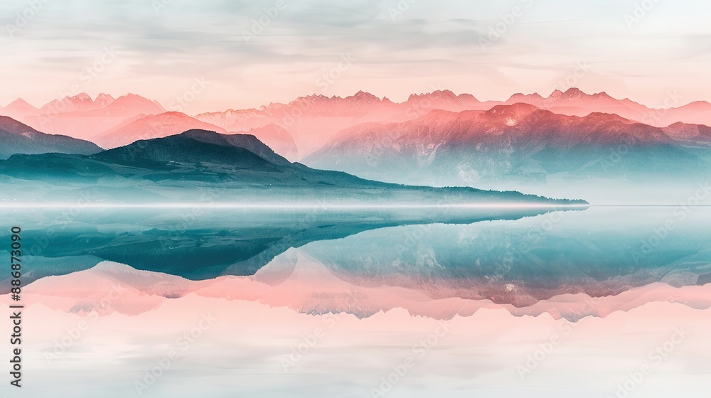 A mountain range mirrors in the calm water of a lake as the sun descends on distant mountains A mountain range mirrors in the calm water of a lake as the sun descends on distant mountains