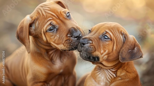 A closeup of two Rhodesian Ridgeback puppies licking each other photo