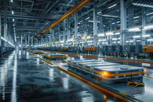 A factory floor with a conveyor belt that is carrying a white and orange object.
