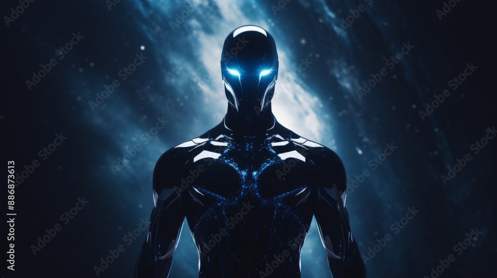 A dark, futuristic superhero stands against a backdrop of nebulae and stars A dark, futuristic superhero stands against a backdrop of nebulae and stars