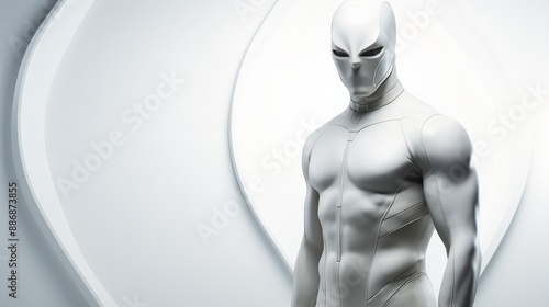 A superhero in a white suit stands in a futuristic setting