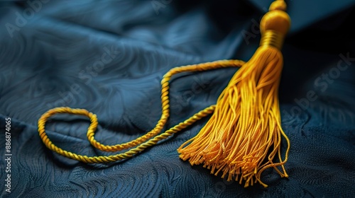 Black mortarboard with yellow tassel shot on blue graduation gown space for copy photo