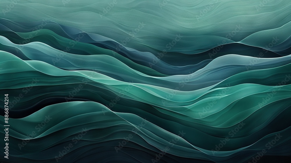 Fototapeta premium Painting of blue-green waves on black-white background with blue sky in the backdrop