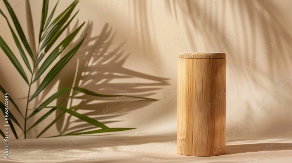 Wooden cylinder on beige background with palm leaves for showcasing products Wooden cylinder on beige background with palm leaves for showcasing products