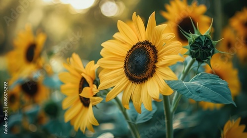 Closeup of flowers of Helianthus Lemon Queen in late summer in garden photo