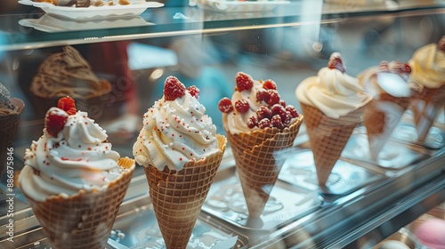glass display case in an ice cream parlor cones with many cones for ice cream cornets Refreshing summer food in the heat street fast food to take away photo