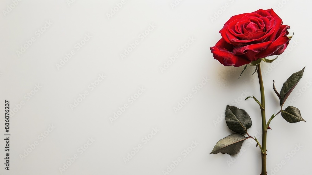 Red rose with space for text on white backdrop Red rose with space for text on white backdrop