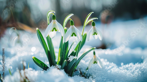 White snowdrop flowers blooming outdoors in snow area