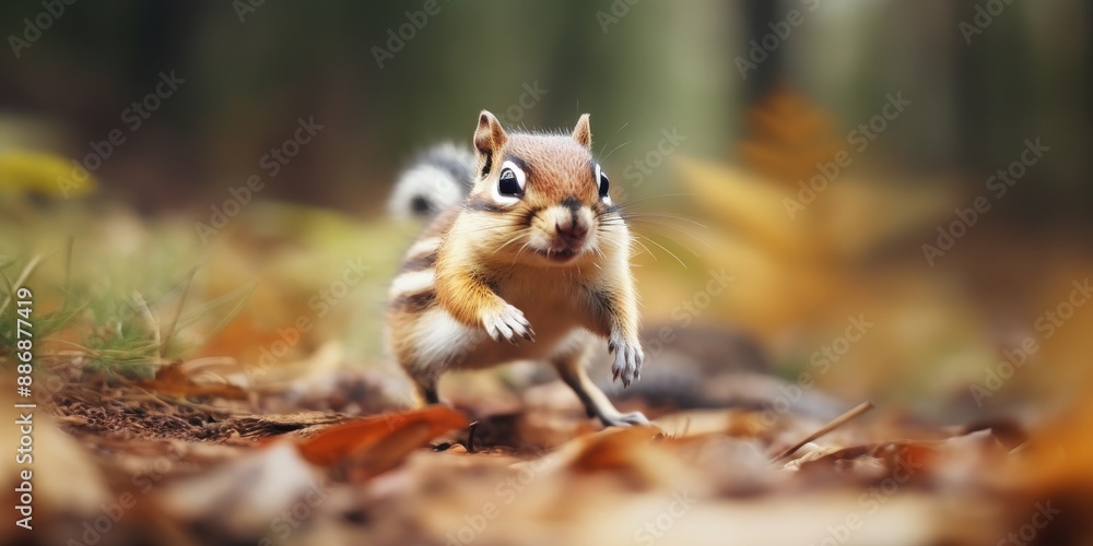 Fototapeta premium Adorable chipmunk foraging for food in the autumn forest