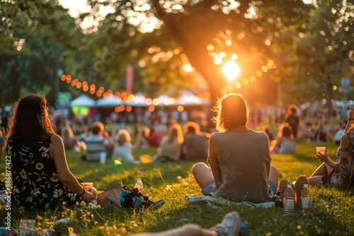 A group of people are sitting on a grassy field, enjoying the sun. photo