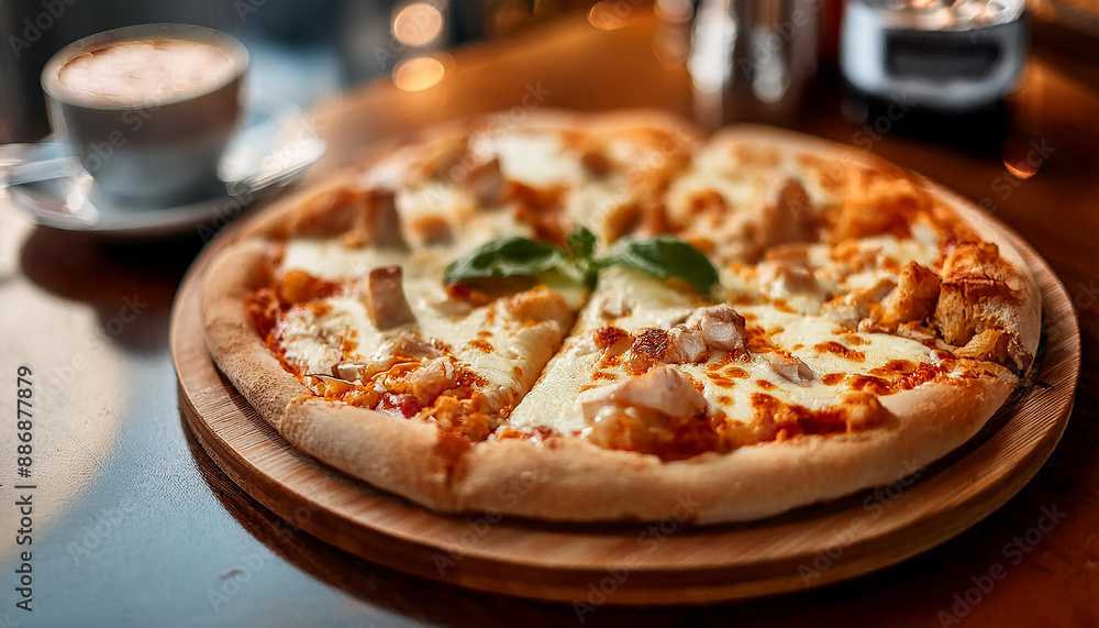 Delicious chicken pizza on wooden tray at cozy cafe. Tasty fast food. Cooking and culinary concept. Delicious chicken pizza on wooden tray at cozy cafe. Tasty fast food. Cooking and culinary concept.