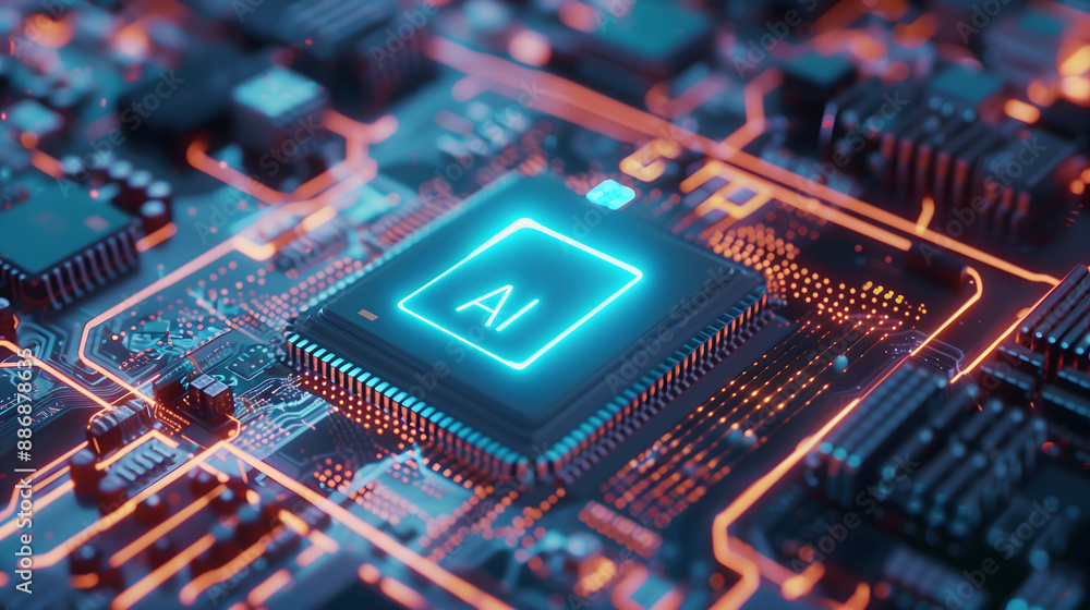 Concepto de la integración de inteligencia artificial en el mundo actual a través de una imagen de un cerebro humano en lugar de un procesador en una placa de un ordenador. Concepto de la integración de inteligencia artificial en el mundo actual a través de una imagen de un cerebro humano en lugar de un procesador en una placa de un ordenador.