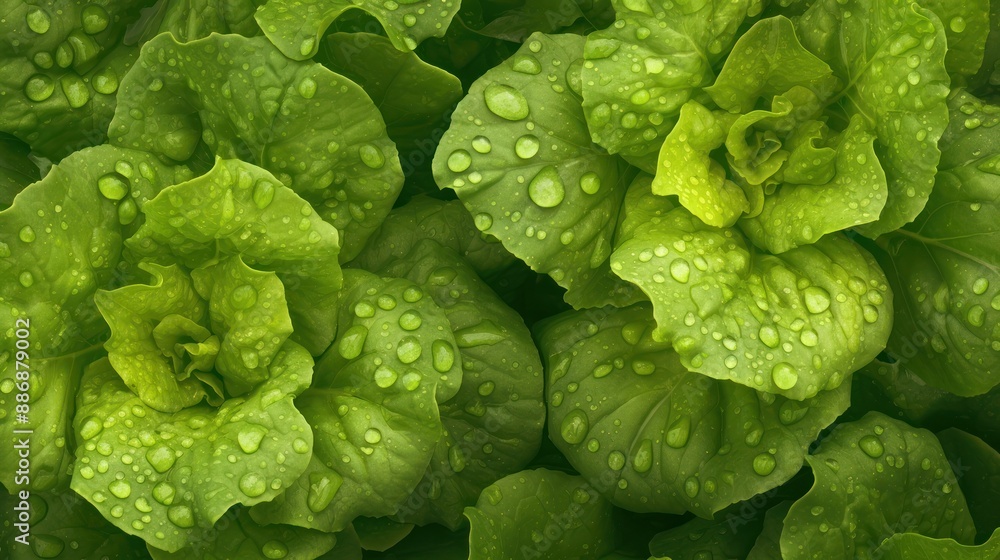 Close-up of fresh green lettuce leaves with water droplets, showcasing healthy vegetable garden produce after a rain shower. Close-up of fresh green lettuce leaves with water droplets, showcasing healthy vegetable garden produce after a rain shower.