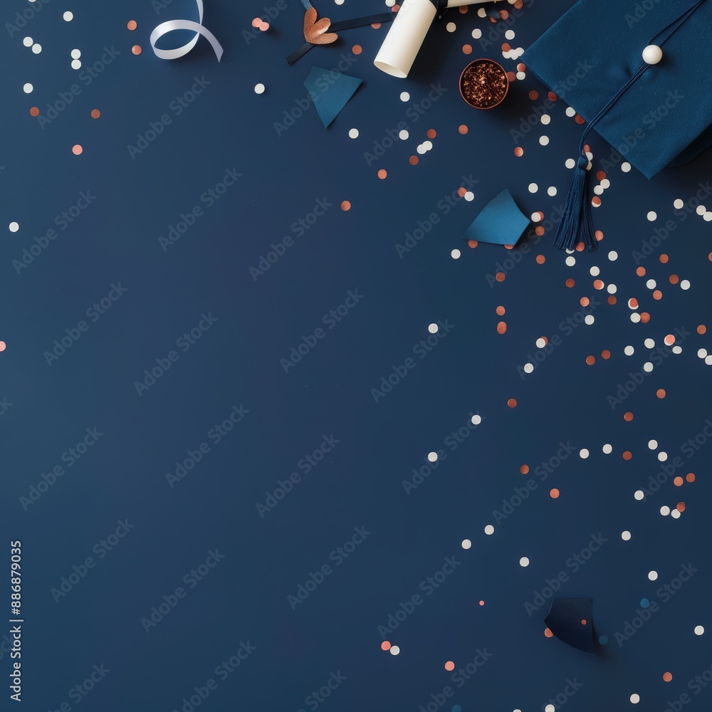 A minimalist arrangement featuring a graduation cap, diploma, and confetti in the top right corner on a navy blue background, leaving ample space for text for Graduation Day. A minimalist arrangement featuring a graduation cap, diploma, and confetti in the top right corner on a navy blue background, leaving ample space for text for Graduation Day.