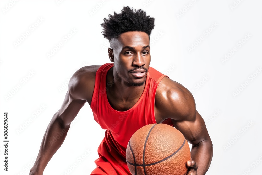 An athletic basketball player in sportswear, holding a ball, demonstrating strength and skill in a studio portrait. An athletic basketball player in sportswear, holding a ball, demonstrating strength and skill in a studio portrait.