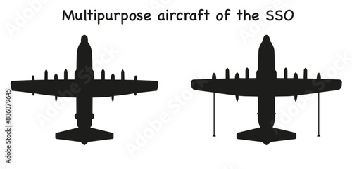 A set of American military multipurpose aircraft. Dark silhouettes. Vector graphics.