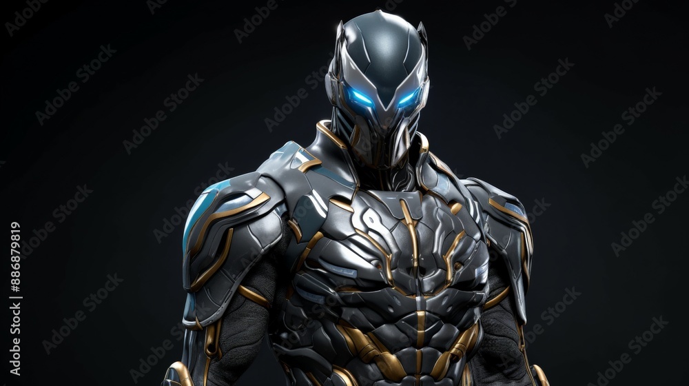 A superhero in a futuristic suit stands in a dark studio A superhero in a futuristic suit stands in a dark studio