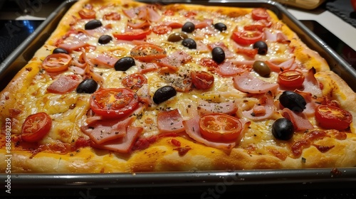 Fresh homemade rectangular pizza with ham tomatoes cheese and olives photo