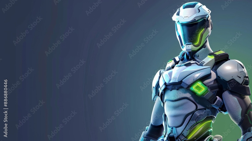 Futuristic superhero in white and green suit stands ready Futuristic superhero in white and green suit stands ready