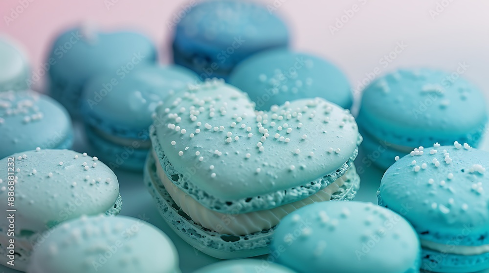 A close-up of ombre effect macarons, with gradients from light turquoise to deep cyan, arranged in a heart shape. The background is a soft-focus, pastel-colored gradient, A close-up of ombre effect macarons, with gradients from light turquoise to deep cyan, arranged in a heart shape. The background is a soft-focus, pastel-colored gradient,