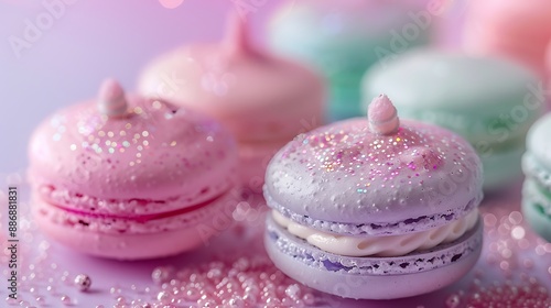 A close-up of unicorn magic macarons, with sparkling pastel colors of baby pink, lavender, mint green, and sky blue, adorned with edible glitter, arranged in a heart shape.