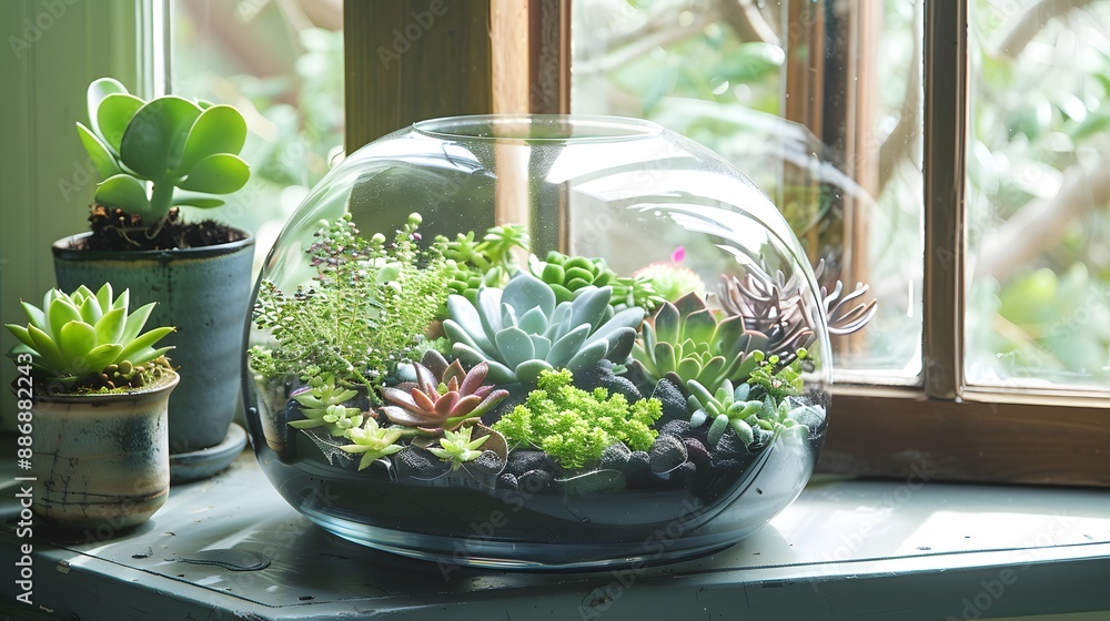 Mini succulent garden in glass terrarium on windowsill. Mini succulent garden in glass terrarium on windowsill.