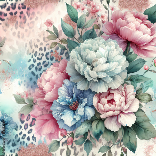 A vibrant floral arrangement featuring peonies and roses in soft pastel colors, set against a bold leopard print background, creating a striking contrast.