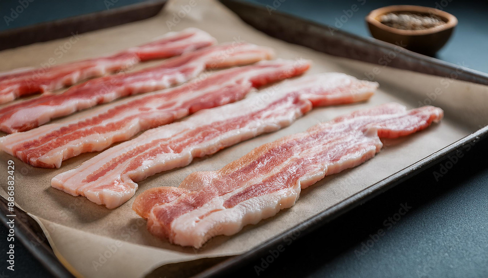 Raw bacon strips on parchment paper, set on baking sheet. Tasty meat. Delicious food for dinner. Raw bacon strips on parchment paper, set on baking sheet. Tasty meat. Delicious food for dinner.