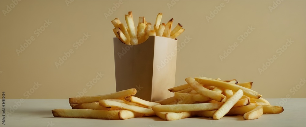 Frybox with fries.. Beige and grey background.empty space for a text ...