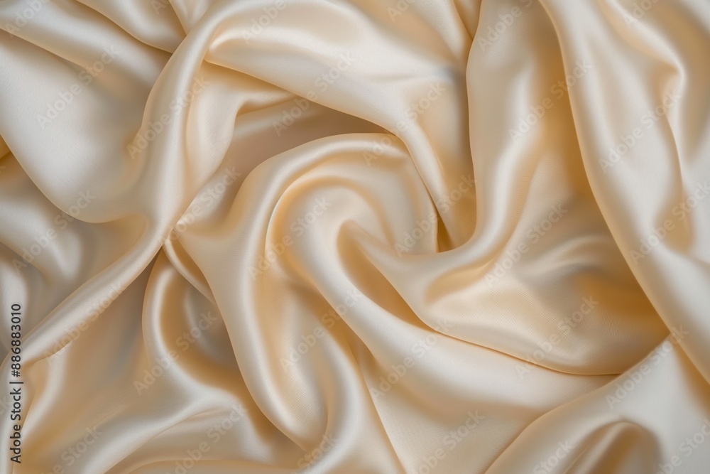 Close-up view of beige fabric with intricate texture and pattern. Fabric folded to reveal depth and dimension. Smooth surface and blurred background highlight natural silk cloth. Close-up view of beige fabric with intricate texture and pattern. Fabric folded to reveal depth and dimension. Smooth surface and blurred background highlight natural silk cloth.