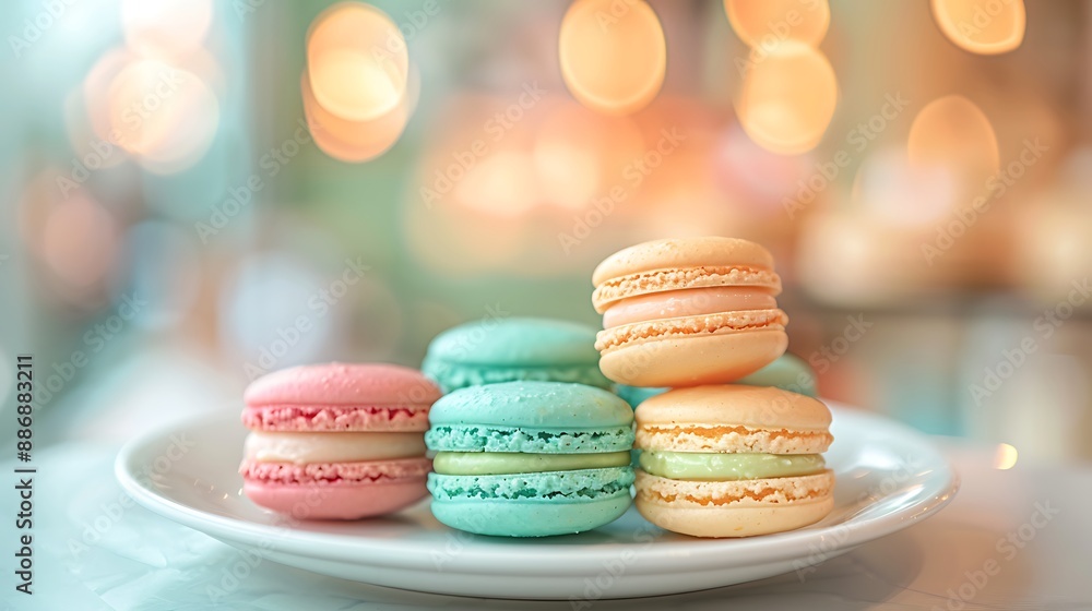 A colorful display of ombre effect macarons on a white ceramic plate, with gradients from light mint to deep teal. The background features a blurred cafe setting, with soft, A colorful display of ombre effect macarons on a white ceramic plate, with gradients from light mint to deep teal. The background features a blurred cafe setting, with soft,