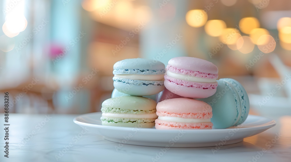 A colorful display of pastel dream macarons on a white ceramic plate, with soft hues of mint green, baby blue, lavender, and pale pink. The background features a blurred cafe setting, with soft, A colorful display of pastel dream macarons on a white ceramic plate, with soft hues of mint green, baby blue, lavender, and pale pink. The background features a blurred cafe setting, with soft,