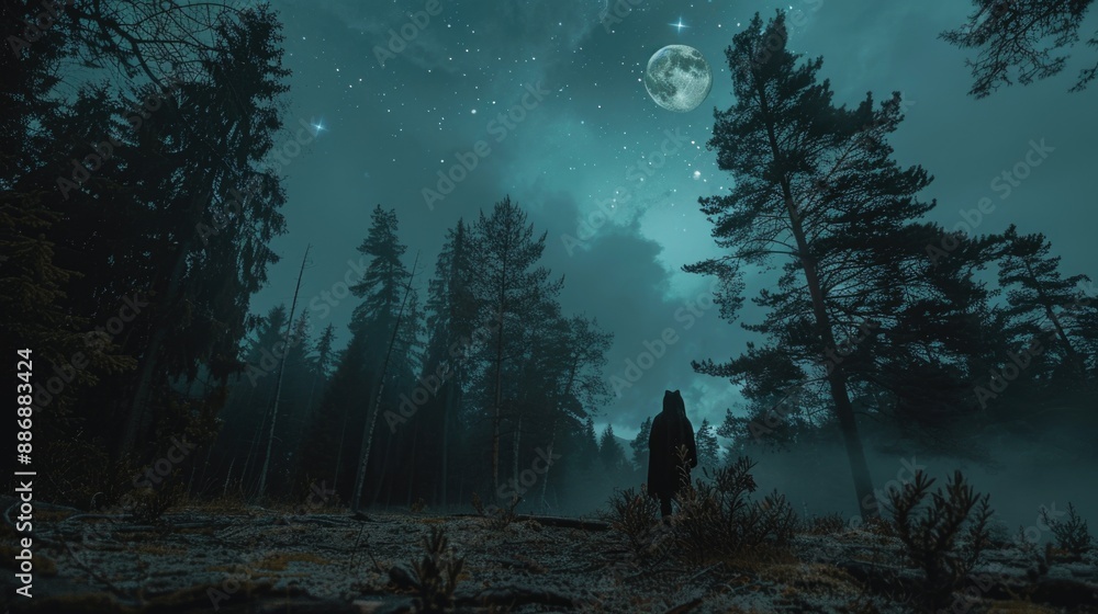 A person stands alone in a dense forest under the stars, with trees and foliage all around