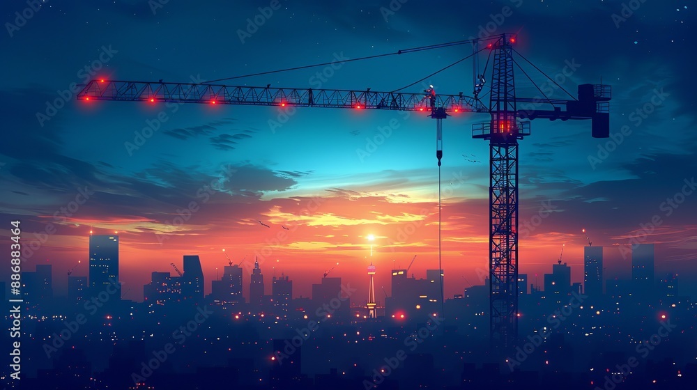 Naklejka premium Thrilling moment of a stunt performer scaling a tall crane, with city lights and skyline in the background, emphasizing height and danger. Illustration, Image, , Minimalism,