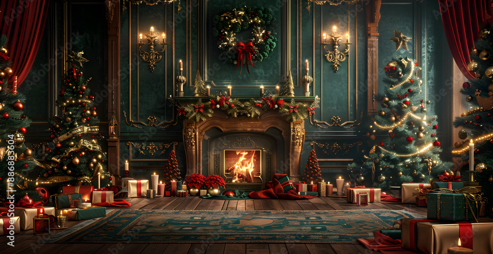 Obraz premium A room decorated for Christmas with a fireplace and a wreath on the mantle