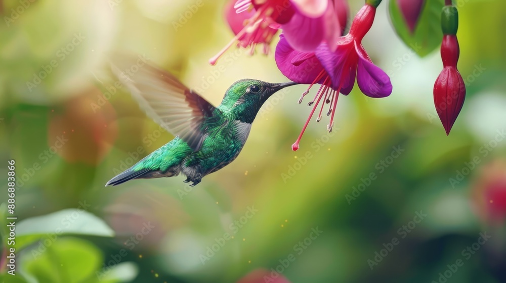 Obraz premium A hummingbird hovers beside a pink blossom in a forest teeming with green and pink flower-filled foliage Abundant pink and purple blooms surround the