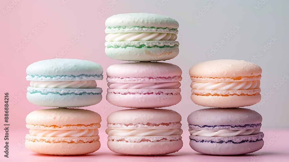 A pastel dream macaron pyramid, with each macaron layer representing a different soft hue of mint green, baby blue, lavender, and pale pink. The background is a soft pastel gradient, A pastel dream macaron pyramid, with each macaron layer representing a different soft hue of mint green, baby blue, lavender, and pale pink. The background is a soft pastel gradient,