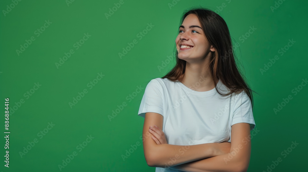 photo of smiling happy girl in front of green background photo of smiling happy girl in front of green background