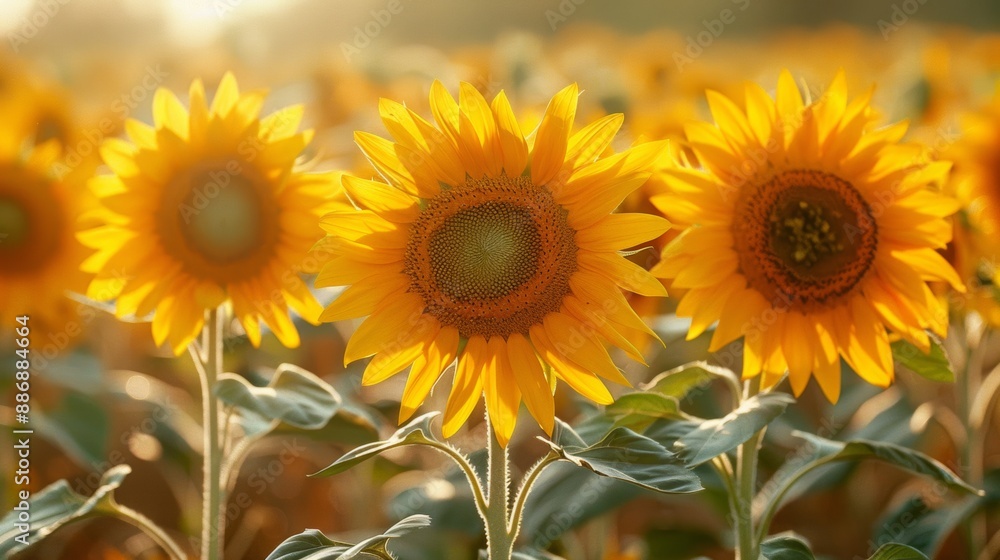 Fototapeta premium sunflower field harvest, the sunflowers stand tall in the golden fields, their ripe seeds ready to be gathered for a plentiful autumn harvest