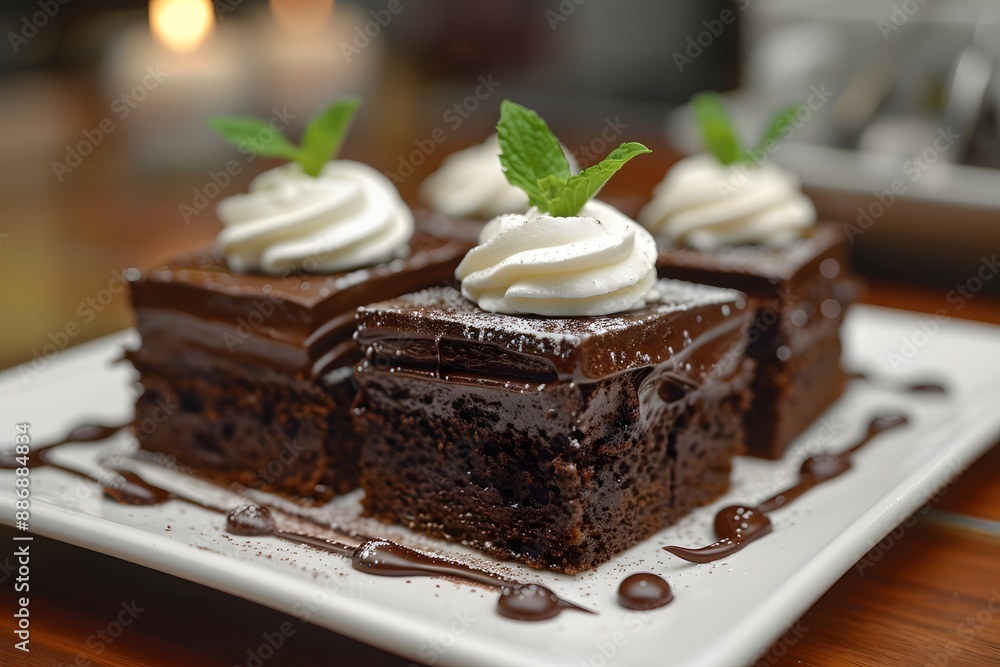Decadent Chocolate Brownies Topped with Whipped Cream and Mint Leaves Decadent Chocolate Brownies Topped with Whipped Cream and Mint Leaves