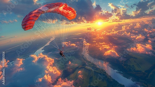 Cinematic scene of a stunt performer parachuting from an airplane, with clouds and landscape below, capturing the thrill of skydiving. Illustration, Image, , Minimalism,