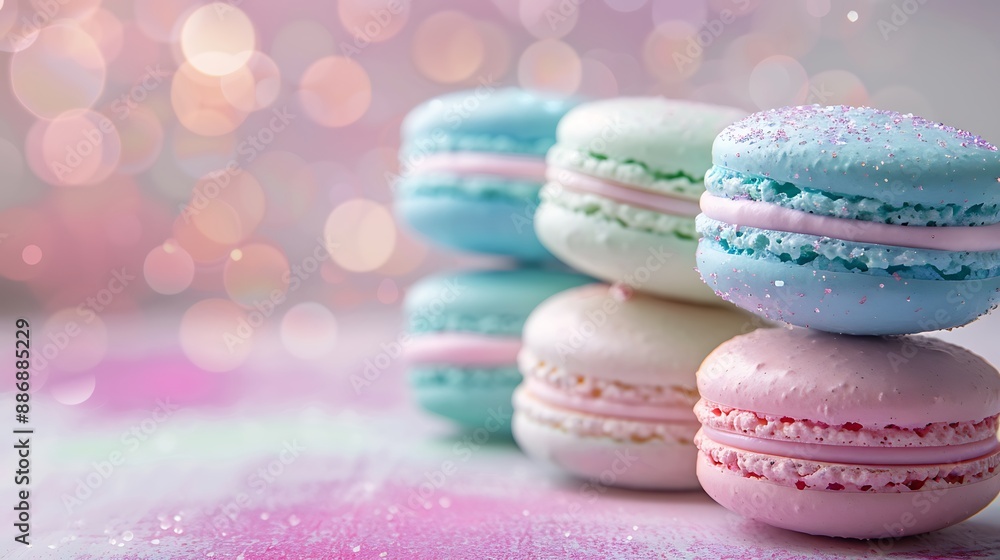 A side view of pastel dream macarons lined up in a row, showcasing the bright soft hues of mint green, baby blue, lavender, and pale pink. The background is a gradient of soft pastel colors, A side view of pastel dream macarons lined up in a row, showcasing the bright soft hues of mint green, baby blue, lavender, and pale pink. The background is a gradient of soft pastel colors,