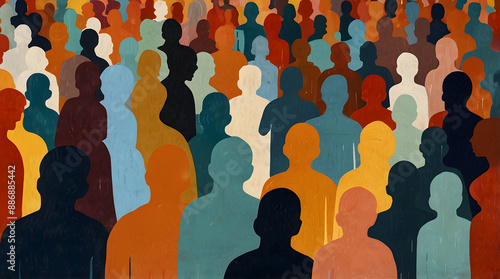 Large crowd of diverse people, inclusive group of people. Many silhouettes of different figures, diversity of people.