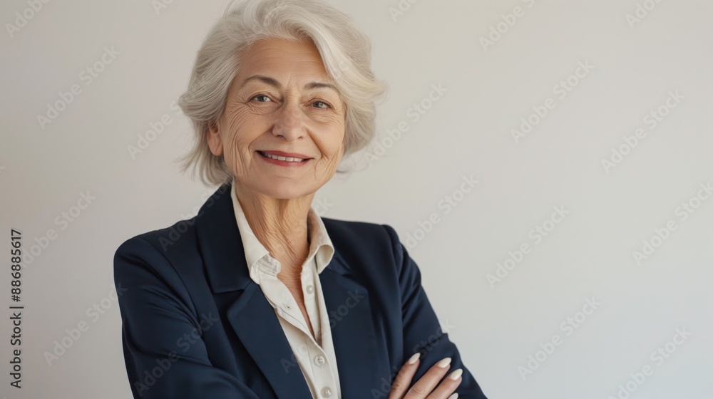 Confident Elderly Eastern European Businesswoman Smiling in Professional Attire for Corporate Profile Photos Confident Elderly Eastern European Businesswoman Smiling in Professional Attire for Corporate Profile Photos